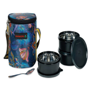 Varmora Royal Lunch Assorted | Insulated Stainless Steel Tiffin Box For Office | Set Of 3 | Blue Floral Lunch Bag Included | BPA-Free | Airtight & Leak-Proof