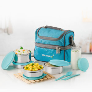 Varmora SS Classic | Airtight Stainless Steel Lunch Box For Office | Cyan Blue | Lunch Bag Included | 100 % Leak Proof | BPA-Free & Food Grade