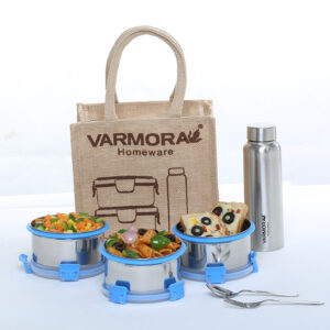 Varmora SS Cromo | Stainless Steel Lunch Box Set With bag | 3 Round Containers & Water Bottle Included | Airtight & Leak-Proof | BPA-Free & 100% Food Grade