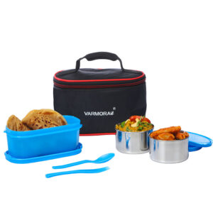 Varmora SS Duo | Stainless Steel Lunch Box | 3 Airtight & Leak Proof Containers | Color – Blue | Lunch Bag Included | BPA-Free | 100% Food Grade Plastic