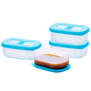 Varmora Freezer / Fridge Storage Containers | Transparent w/ Blue Lid | Food-Grade Plastic | Set of 4 | Stackable Design | FDA Approved & BPA-Free | 90 ML