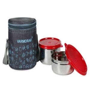 Varmora SS Executive Printed Assorted | Insulated Stainless Steel Tiffin Box For Office | Set Of 2 | Black & Blue Printed Lunch Bag Included | BPA-Free | Airtight & Leak-Proof