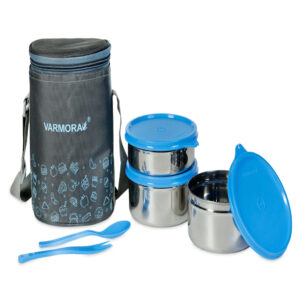 Varmora SS Jumbo Trio Printed Assorted | Insulated Stainless Steel Tiffin Box For Office | Set Of 3 | Black & Blue Printed Lunch Bag Included | BPA-Free | Airtight & Leak-Proof