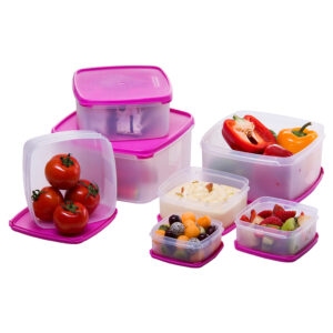 Varmora | Fridge Food Storage Containers | Rectangular Shape | Transparent w/ Pink Lid | Freezer Safe | Available in 7 Sizes | Food-Grade Plastic