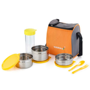 Varmora Jumbo | Insulated Stainless Steel Tiffin Box For Office | Set Of 3 | Orange Lunch Bag Included | BPA-Free | Airtight & Leak-Proof
