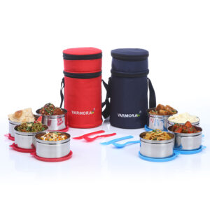 Varmora Quattro | Stainless Steel Lunch Box For Office | Set of 4 | Lunch Bag Included | Red & Blue | P.U.F Insulation | 100% Food Grade
